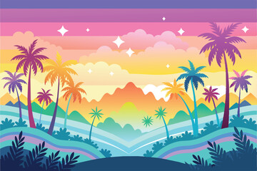 Colorful landscape of mountains, sea, palm trees and sunset. Pastel color vector illustration for summer design.