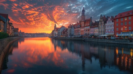 Fototapeta premium Stunning Sunset Over Historic European Cityscape with Colorful Buildings Reflecting in Calm River Waters