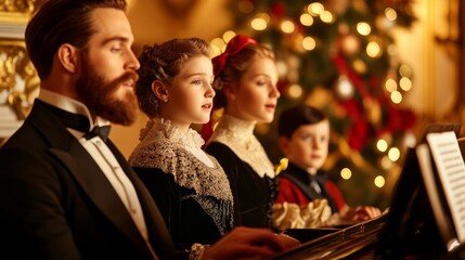 Victorian family gathered around a piano singing Auld Lang Syne, warmly lit room with festive decorations, medium shot 