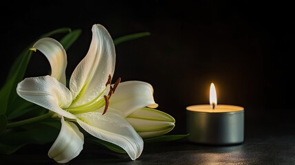 A soft white lily next to a flickering candle, set against a black background with space for text.