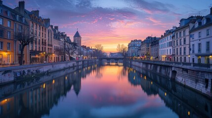 Obraz premium Beautiful Sunrise Over Historic European Canal with Colorful Buildings and Reflections in Calm Water