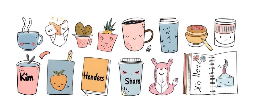 Naklejki set of cute doodle vector illustrations, notebook paper and sticker elements for planner decoration, pastel color palette, in the style of vector illustration, flat design, clipart