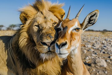 Fototapeta premium A lion taking a selfie with a gazelle