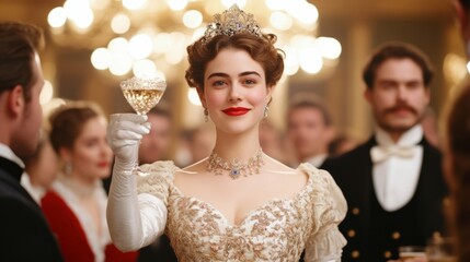 Victorian lady in an elaborate gown making a New Year's toast, surrounded by friends, chandelier overhead, closeup shot 