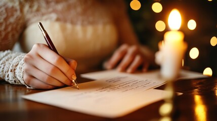 Victorian lady writing Christmas cards by candlelight, elegant desk and period stationery, closeup shot, nostalgic feel 