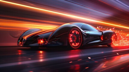 Futuristic High-Speed Sports Car with Neon Lights Racing on a Modern Track at Night