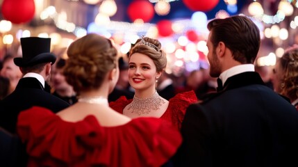 Obraz premium Victorian street party with people in period attire celebrating New Year, lanterns and bunting overhead, joyful atmosphere, wide angle 