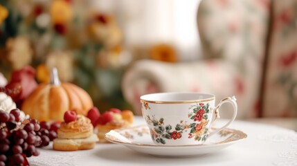Victorian parlor with a Thanksgiving tea set, pastries, and autumn decorations, cozy and warm, inviting atmosphere, medium shot 