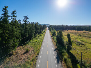 Scenic Highway Road in Interiror BC, Canada. Sunny Summer Day. Aerial view