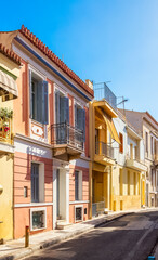 Plaka, Historical neighborhood in Athens, Greece. Residential Homes in a colorful street