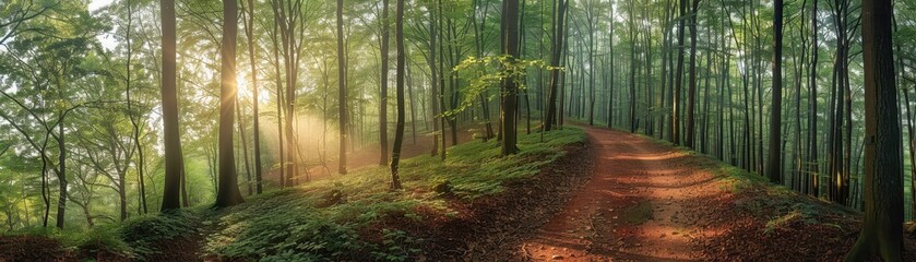 Obraz premium Serene Forest Pathway with Sunlight Filtering Through Trees in a Lush Green Forest