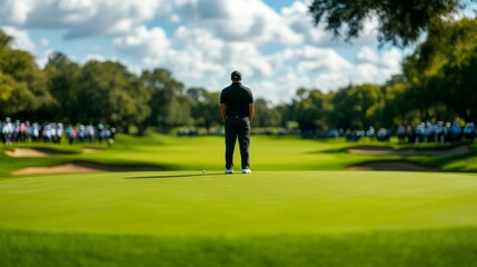 Obraz premium Wide angle of the final hole in a golf cup competition, golfer preparing to putt, audience and camera crews surrounding 
