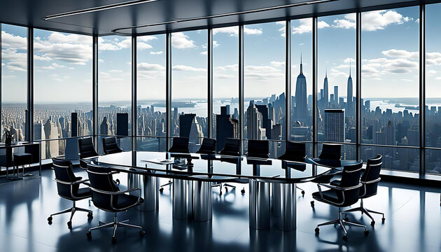 Innenansicht B&uuml;ro Konferenzraum leer mit Besprechung Tisch und St&uuml;hlen gro&szlig;e Glasfassade Fensterfront mit Blick auf urbane B&uuml;ro Hochh&auml;user einer Gro&szlig;stadt, wie New York