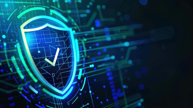 Neon blue and green hues highlighting a cybersecurity verification icon with shield and checkmark on a digital background. Verified credentials