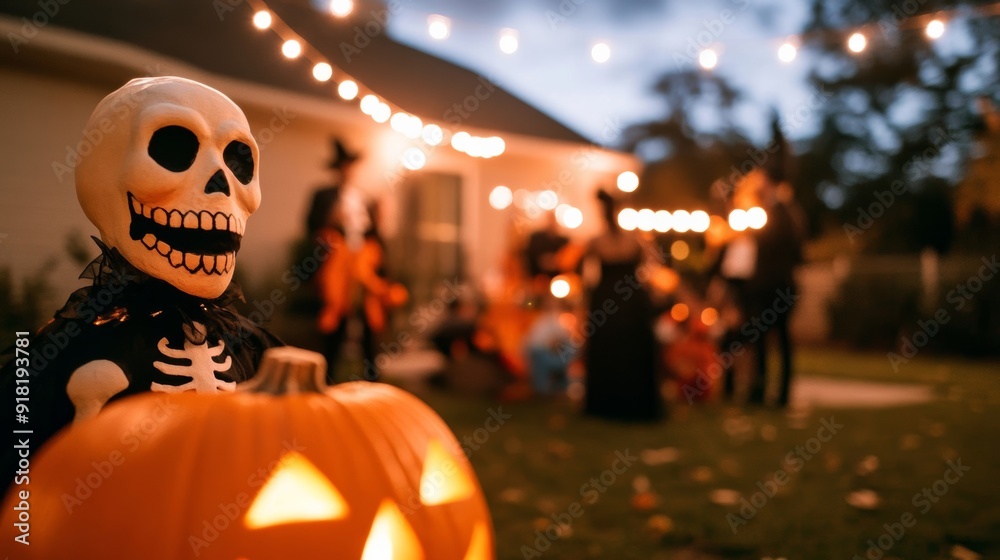 Wall mural Wide angle shot of a backyard Halloween party with pets in costumes, including a dog dressed as a skeleton and a cat as a vampire, lively and playful scene 