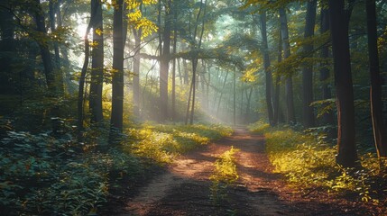 Fototapeta premium Sunlit Forest Path with Morning Mist and Lush Greenery in a Serene Woodland Setting