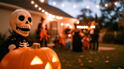 Wide angle shot of a backyard Halloween party with pets in costumes, including a dog dressed as a skeleton and a cat as a vampire, lively and playful scene 