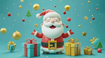 Festive 3D Santa with Gifts on a Blue Background