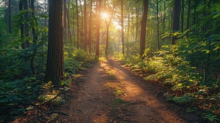 Obraz premium Sunlit Forest Path with Lush Greenery and Tall Trees in a Serene Woodland Setting