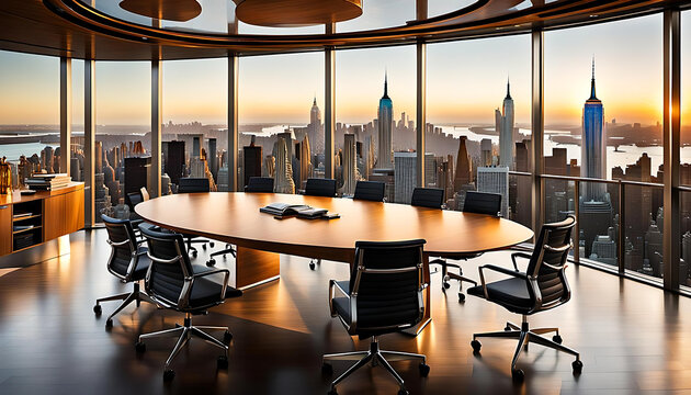 Innenansicht B&uuml;ro Konferenzraum leer mit Besprechung Tisch und St&uuml;hlen gro&szlig;e Glasfassade Fensterfront mit Blick auf urbane B&uuml;ro Hochh&auml;user einer Gro&szlig;stadt, wie New York