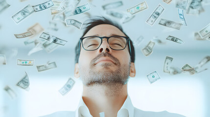 Portrait of a successful man wearing glasses surrounded by a lot of banknotes, wealth, money, and financial success. Rich-inspired of of a mercenary mindset, profit and investment strategies.