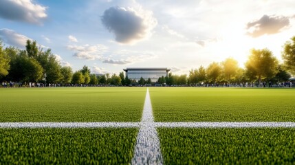Wide angle shot of a campus sports field with students playing soccer, cheering spectators, and a modern stadium, vibrant atmosphere 