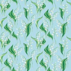 Seamless floral pattern with watercolor lilies of the valley on a blue background. Delicate botanical illustration drawn by hand.