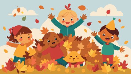 Naklejka premium Colorful Leaf Pile: Children and pets playing in a large pile of colorful autumn leaves. 