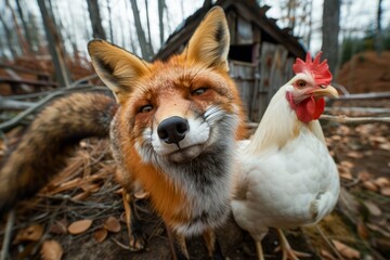 Fototapeta premium A fox taking a selfie with a chicken