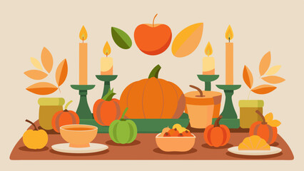 Harvest Table Setting: A beautifully arranged table setting with autumn-themed decorations, including pumpkins, gourds, and candles.
