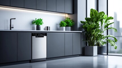 Wide angle shot of a high-tech kitchen with a smart dishwasher controlled via a tablet, showcasing innovation and modern convenience 