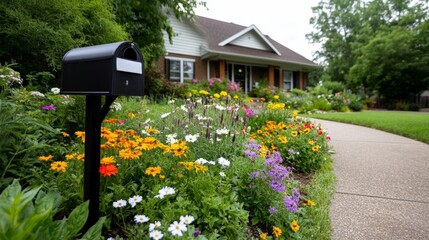 Wide angle shot of a house sitter checking mail at a quaint mailbox in a picturesque front yard, vibrant flowers and greenery 