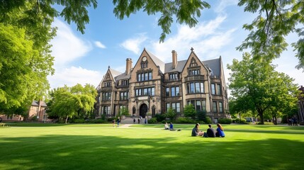 Wide angle shot of a historic campus library with grand architecture and students studying on the lawn, vibrant greenery 