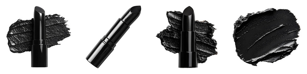 black lipstick set png. black lipstick png. tube of orange lipstick top view png. luxurious black lipstick tube flat lay png. facial cosmetics for a beauty campaign concept isolated. black rouge
