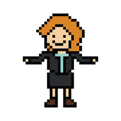 Fototapeta premium Cute pixel cartoon 8bit character business woman businesswoman smart work life office game isolated for decoration business 8 bit female career smart character game PNG vector.