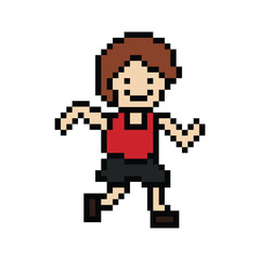 Cute pixel cartoon 8bit character man run or running jog cardio lifestyle for decoration life style 8 bit male boy jog marathon exercise png vector.