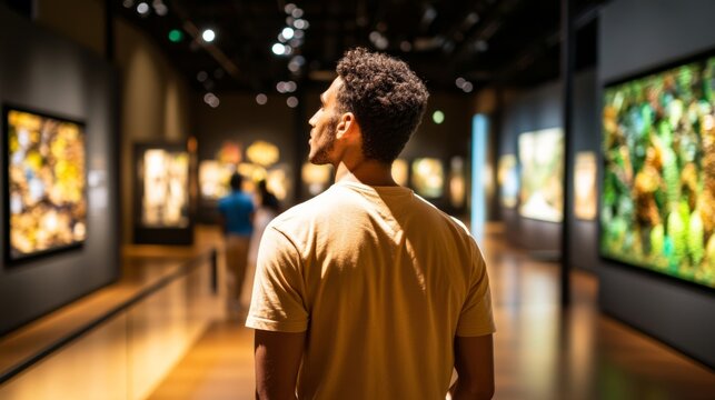 Wide angle shot of a museum with sign language interpreters conducting a guided tour, vibrant exhibits in the background 