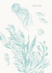 Fototapeta premium Sea life background in light green color with jellyfish, fish, seaweed plants