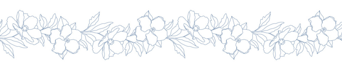 Floral seamless border with branches, flowers and leaves. Hand drawn botanical pattern in line art style, beautiful blooming flower garland, vine. Vector illustration