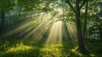 Obraz premium Write a poem that explores the beauty of sunlight filtering through leaves in a forest. How does the play of light and shadow evoke a sense of tranquility and wonder