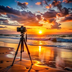 Photo camera on tripod at sunset by the sea
