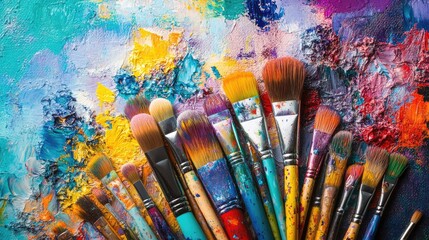 Obraz premium A variety of paintbrushes and paint tubes arranged on a colorful, abstract canvas background, viewed from the top.