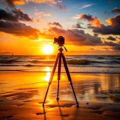 Photo camera on tripod at sunset by the sea
