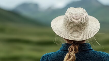 Seen from behind, a person in a straw hat is immersed in a green expanse, embodying a sense of tranquility, solitude, and synchrony with nature, capturing a serene moment.