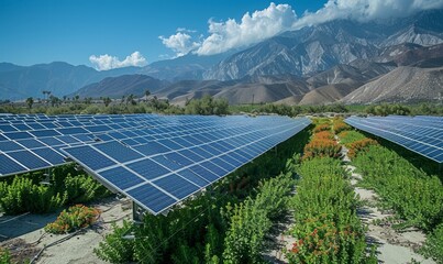 Solar energy farm with rows of photovoltaic panels against a backdrop of mountains and blue sky with clouds, highlighting renewable energy and sustainability