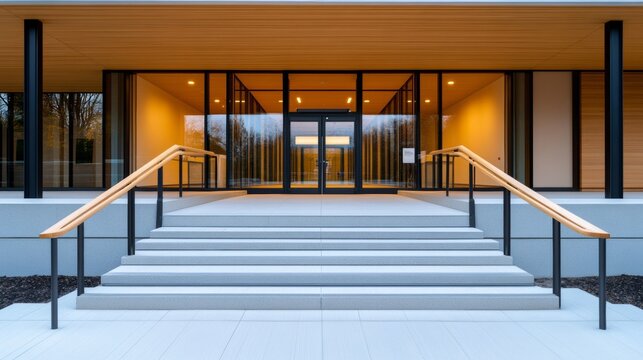 Wide angle shot of an accessible museum entrance with ramps, automatic doors, and clear signage, showcasing inclusivity 