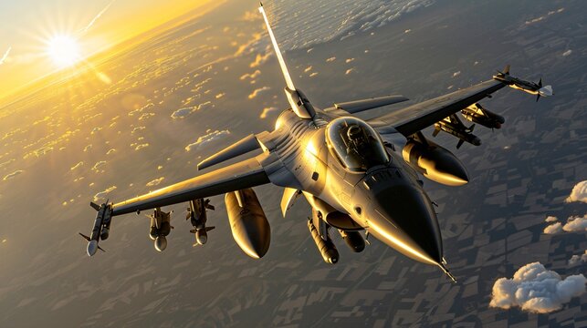 F-16 Fighter Jet Soaring Through Sunset Skies - Powered by Adobe