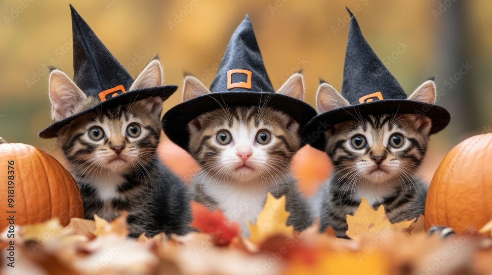 Wall mural Wide angle shot of cute kittens wearing witch hats and sitting in a pumpkin patch, surrounded by autumn leaves and Halloween decorations, creating a festive scene 