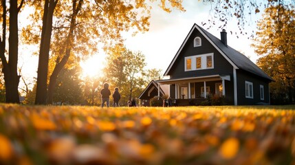 Wide angle shot of children playing in a backyard during a retro Thanksgiving, with a classic 1950s house and fall foliage in the background 