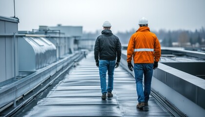 HVAC Engineers Inspecting Rooftop Ventilation System for Optimal Airflow and Energy Efficiency, Ensuring Building Comfort and Safety